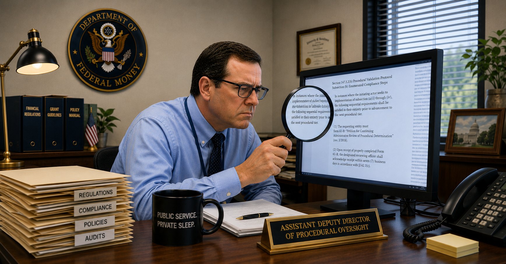 A federal reviewer examining a document on screen through a magnifying glass.